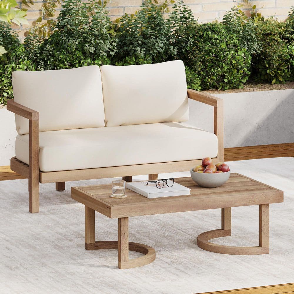 2-Piece Acacia Wood Outdoor Patio Seating Set with Coffee Table For Garden,