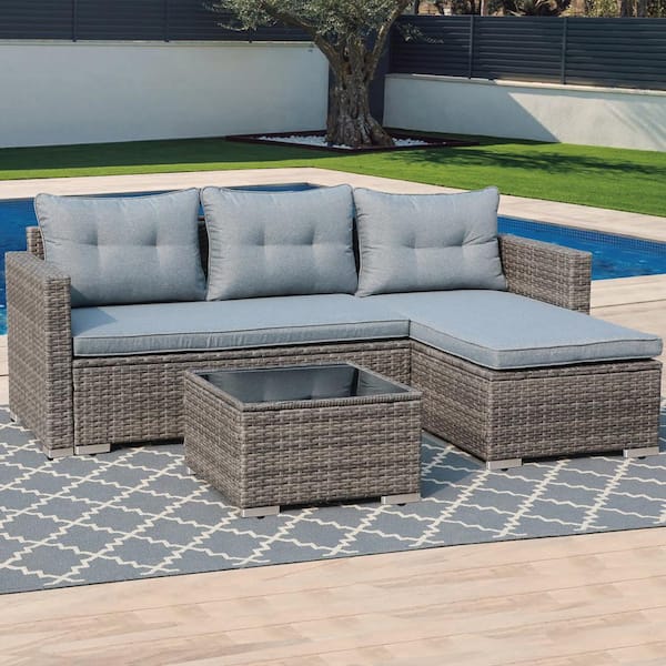 Freestyle Joivi Brown 3-Pieces Wicker Outdoor Sectional Set with Gray Cushions