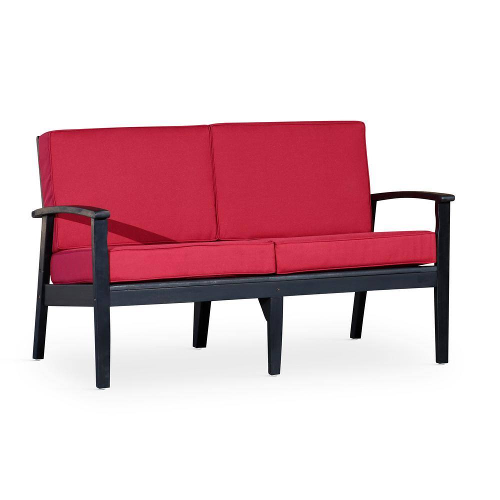 Espresso Eucalyptus Wood Outdoor Loveseat with Burgundy Cushions