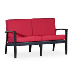 Espresso Eucalyptus Wood Outdoor Loveseat with Burgundy Cushions