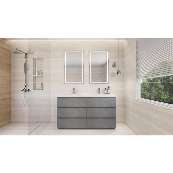 Moreno Bath Angeles 60 in. W Vanity in Cement Gray with Reinforced Acrylic Vanity Top in White with White Basins