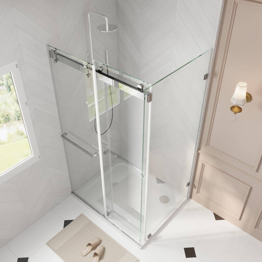 43" Frameless Sliding Shower Enclosure with Clear Glass and Stainless Steel