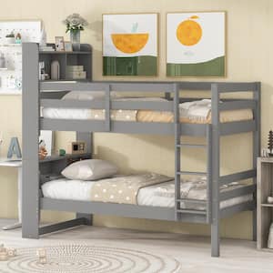 Grey Twin Over Twin Bunk Beds with Bookcase Headboard, Solid Wood Bed Frame with Safety Rail and Ladder, Kids