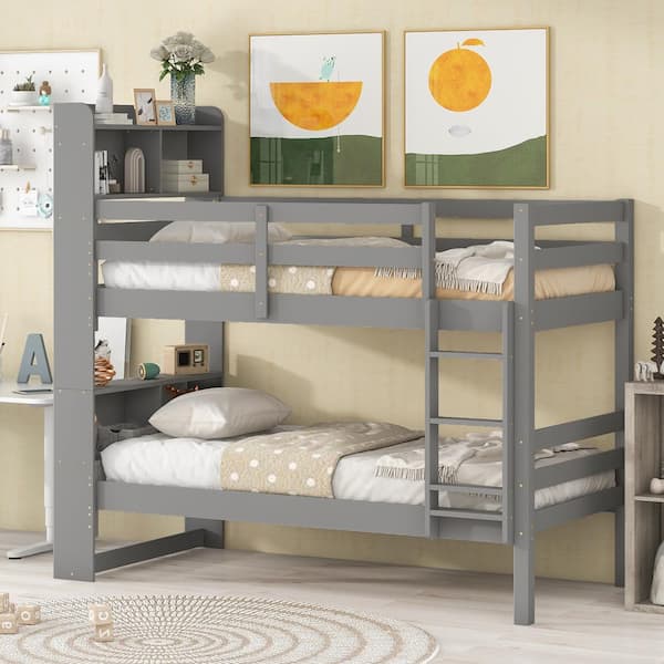 Polibi Grey Twin Over Twin Bunk Beds with Bookcase Headboard