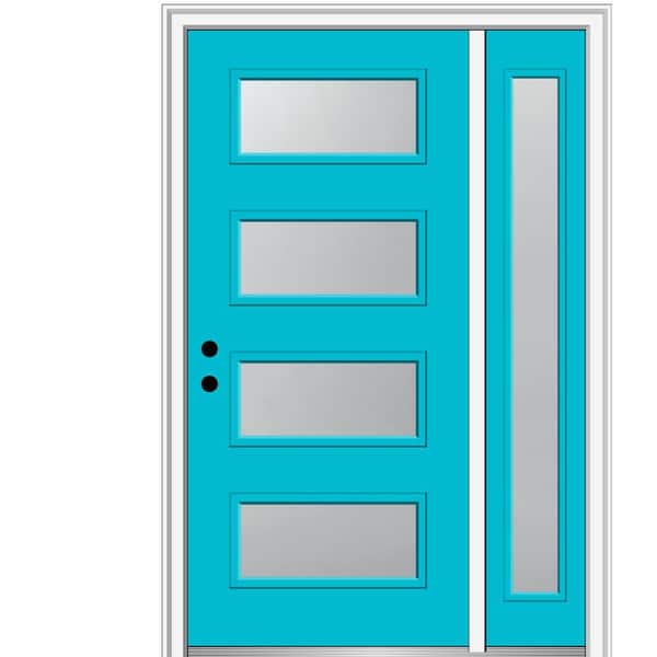 MMI Door 51 in. x 81.75 in. Celeste Frosted Right-Hand 4-Lite Eclectic Painted Fiberglass Smooth Prehung Front Door with Sidelite