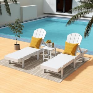 Laguna 3-Piece Outdoor Patio Adjustable HDPE Reclining Adirondack Chaise Lounger with Wheels, Side Table Set, White