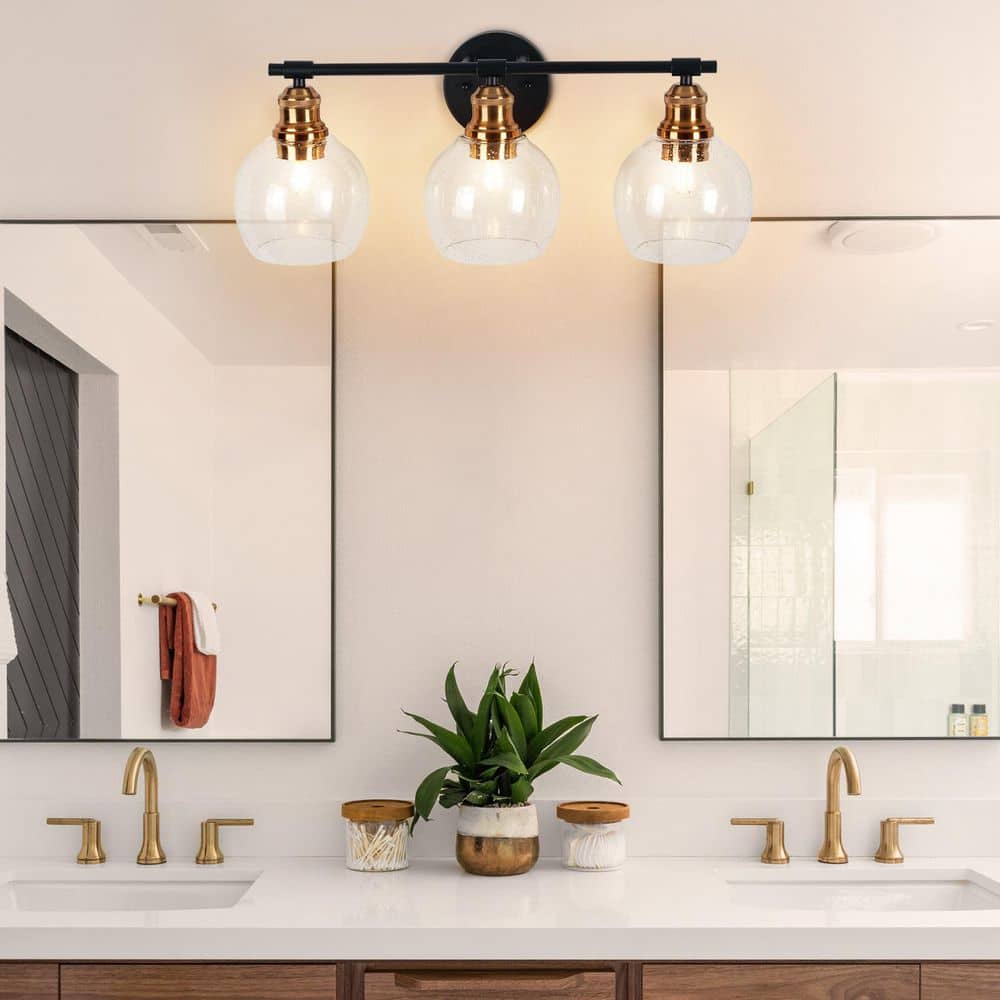 Modern 21.9 in. 3-Light Black and Copper Wall Sconce with Glass Shade Wall Light Fixtures for Mirror, No Bulbs Included price history on PriceWatchPro