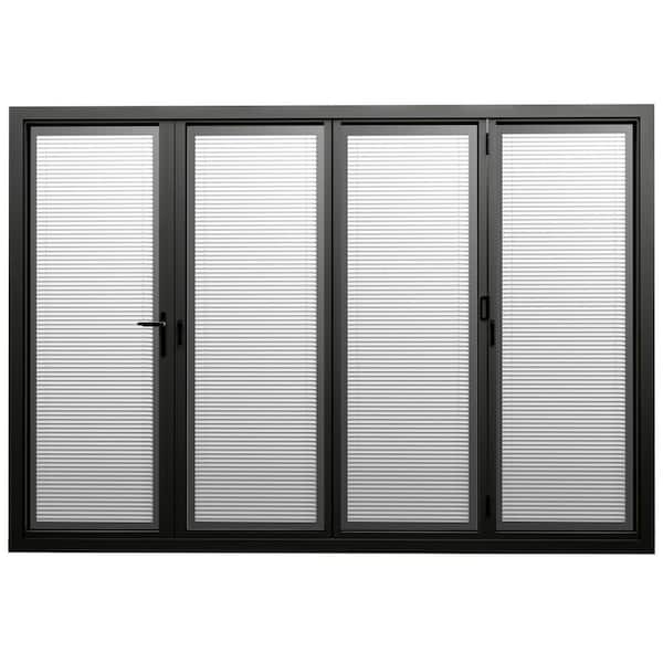 140 in. x 80 in. Left Opening/Outswing Double Tempered Glass Black Louver Aluminum Folding Patio Door