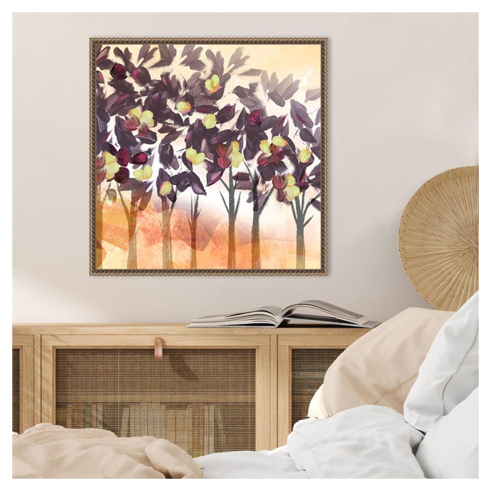 Northern Lights Purple Trees Abstract Canvas Wall Art with Bronze Frame