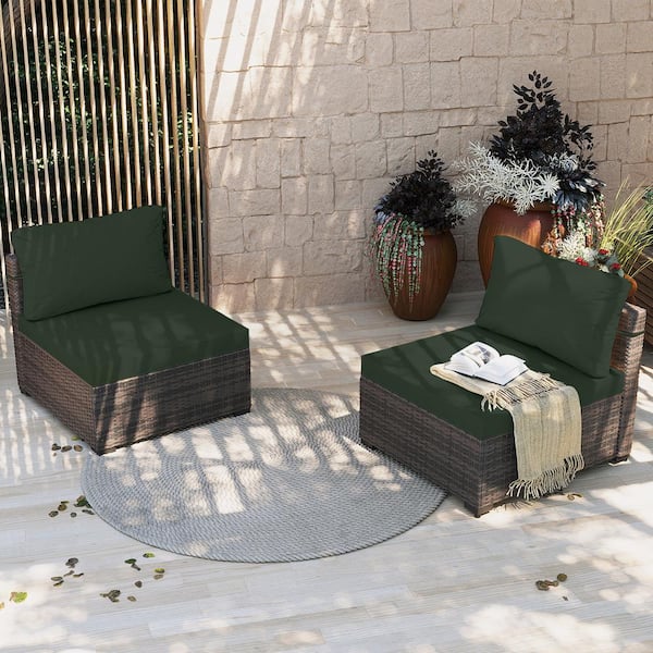 UPHA 2-Pieces Brown Wicker Patio Conversation Seating with Pine Green Cushions