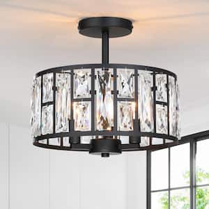 12 in. 3-Light Round Modern Black Drum Semi Flush Mount Ceiling Light with Clear Crystal Glass