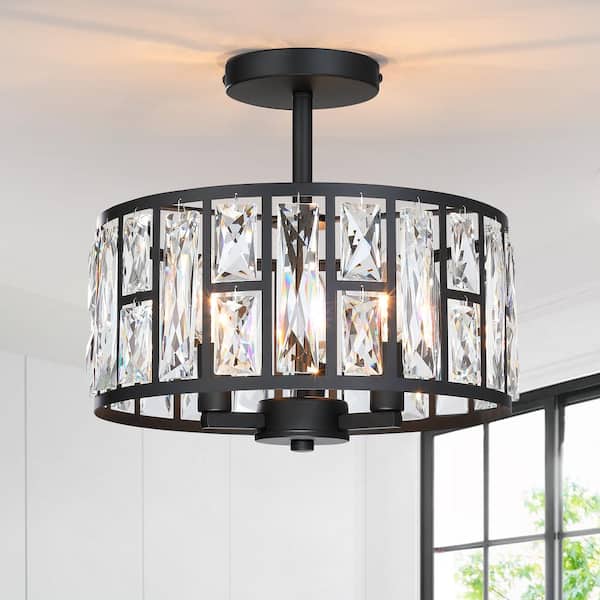 pasentel 12 in. 3-Light Round Modern Black Drum Semi Flush Mount Ceiling Light with Clear Crystal Glass