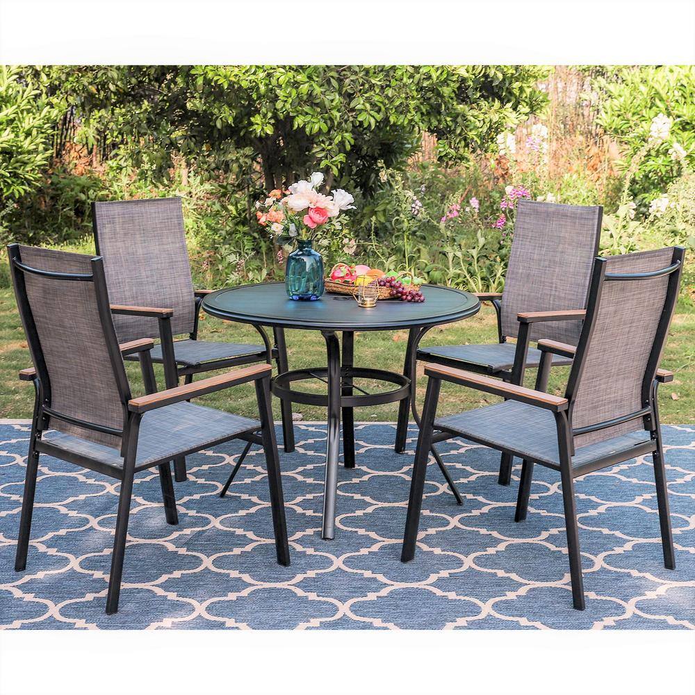 PHI VILLA Black 5Piece Metal Outdoor Patio Dining Set with Slat Round