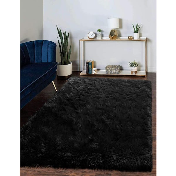 Latepis Sheepskin Faux Furry Black Cozy Rugs 8 ft. x 10 ft. Area Rug