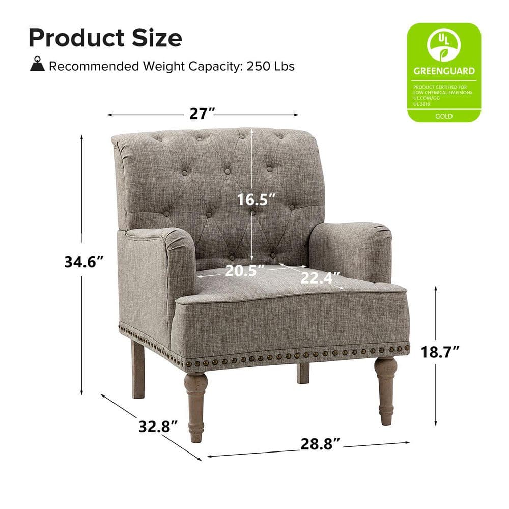 Gray Tufted Polyester Accent Chair with Nailhead Trim and Wooden Legs