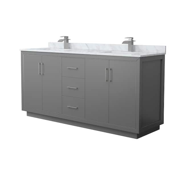 Wyndham Collection Icon 72 in. W x 22 in. D x 35 in. H Double Bath Vanity in Dark Gray with White Carrara Marble Top