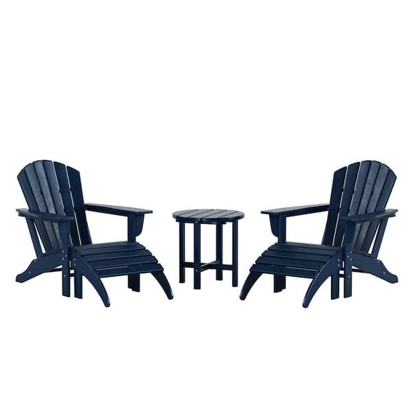 WESTIN OUTDOOR Mason 5-Piece UV Resistant Outdoor Patio HDPE Poly Plastic Adirondack Chairs Set with Ottomans and Side Table, Navy Blue