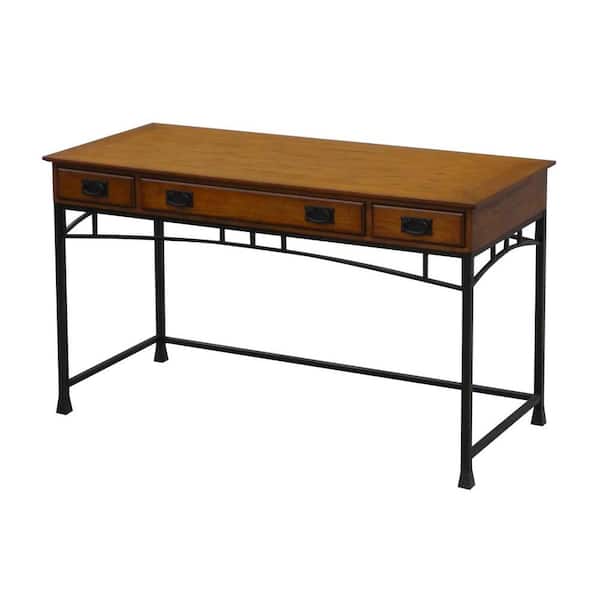 HOMESTYLES 54 in. Rectangular Distressed Oak/Deep Brown 3 Drawer Writing Desk with Keyboard Tray