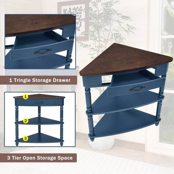 CSC DECOR INC 33.8 in. Navy Blue Triangle Wood End Table with 1
