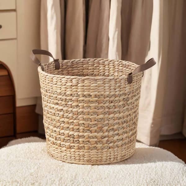Unbranded Brown 15.7 in. x 15.7 in. Wicker Hyacinth Woven Decorative Basket, Round Multi Use Storage Accent Basket with Handles