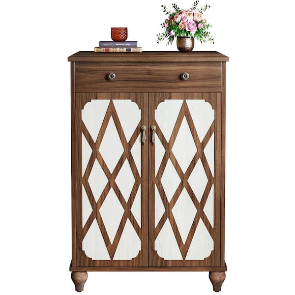 BYBLIGHT 43.7 in. H x 29.53 in. W. Brown 20-Pairs Shoe Storage Cabinet, Freestanding Wood Shoe Rack with Drawer for Entryway