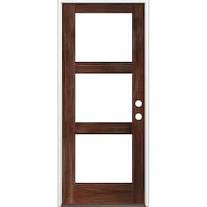 32 in. x 80 in. Modern Hemlock Left-Hand/Inswing 3-Lite Clear Glass Red Mahogany Stain Wood Prehung Front Door