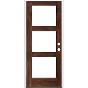 36 in. x 80 in. Modern Hemlock Left-Hand/Inswing 3-Lite Clear Glass Red Mahogany Stain Wood Prehung Front Door