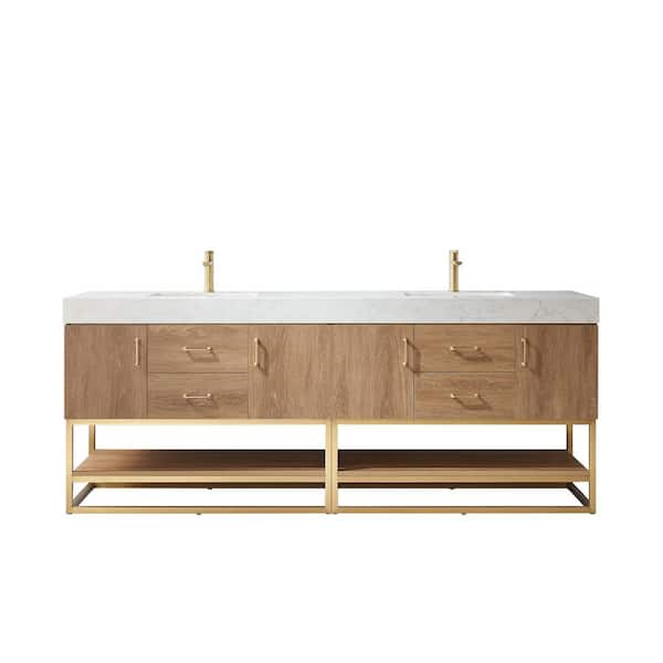 ROSWELL Alistair 84 in. W x 22 in. D x 34 in. H Double Sink Bath Vanity in North American Oak with White Composite Stone Top