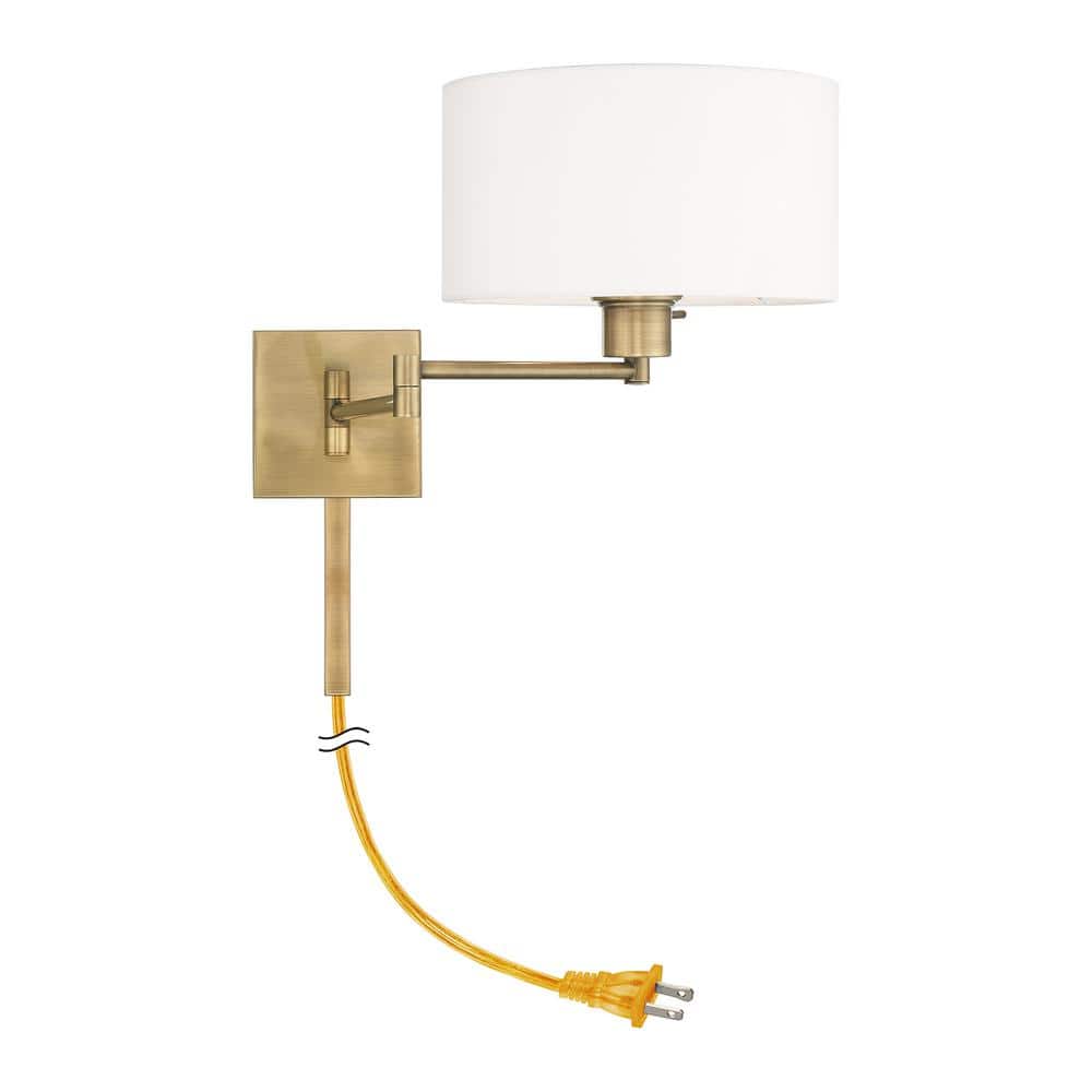 Antique Brass Swing Arm Wall Lamp with Off-White Fabric Shade