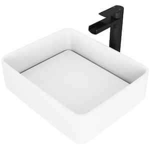 Matte Stone Jasmine Composite Rectangular Vessel Bathroom Sink in White with Faucet and Pop-Up Drain in Matte Black