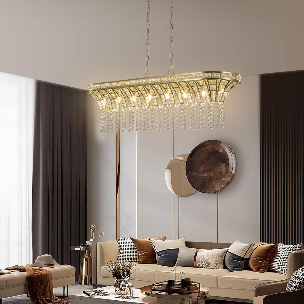 Jora 39 in. 8-Light Modern Gold Finish Crystal Linear Rectangle Chandelier with Cascading Beads for Dining Room, Foyer price history on PriceWatchPro