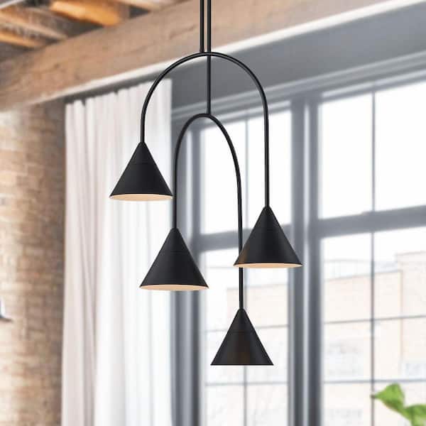 21 in. 4-Light Black Mid-Century Modern Shaded Chandelier for Dining Room