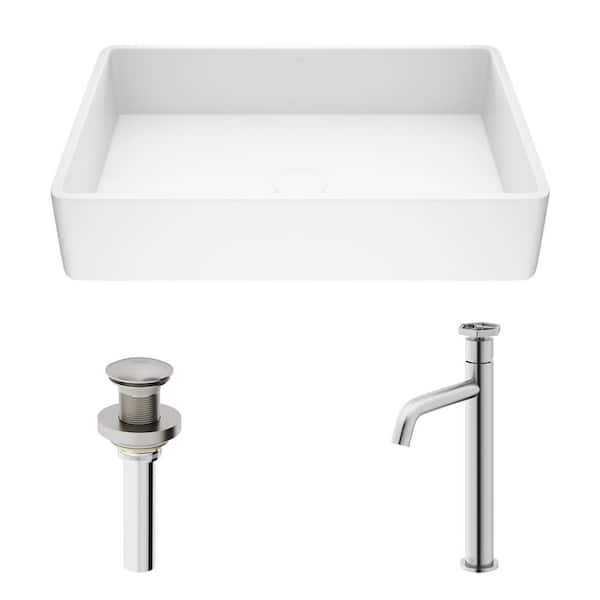 VIGO Magnolia Matte Stone Vessel Bathroom Sink in White with Duris Vessel Faucet in Brushed Nickel VIGO Magnolia Matte Stone Vessel Bathroom Sink in White with Duris Vessel Faucet in Brushed Nickel
