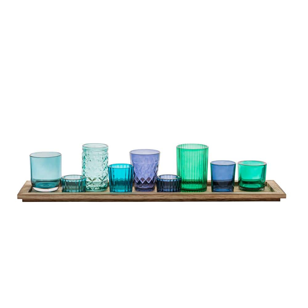Oceanic Bliss Wood Tray with Blue & Green Glass Votive Set