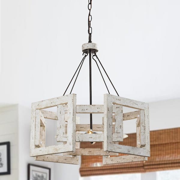 Flint Garden Farmhouse 4-Light Distressed White Wood Drum Chandelier