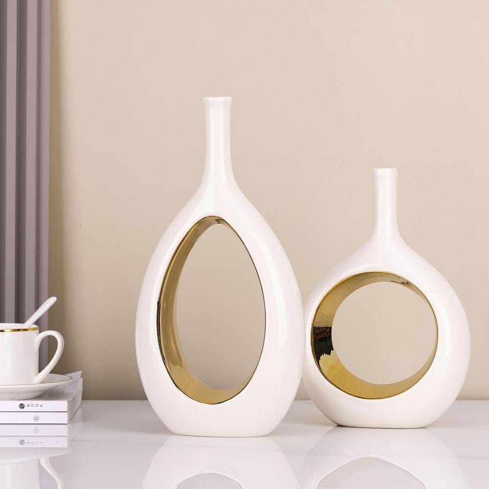 White and Gold Ceramic Cylinder Decorative Vase Set