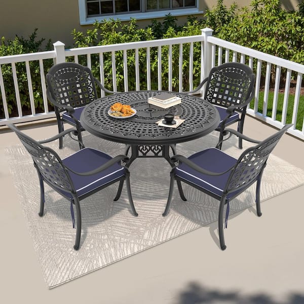 Isabella Black 5-Piece Cast Aluminum Outdoor Dining Set with Round Table and Dining Chairs and Blue Seat Cushion