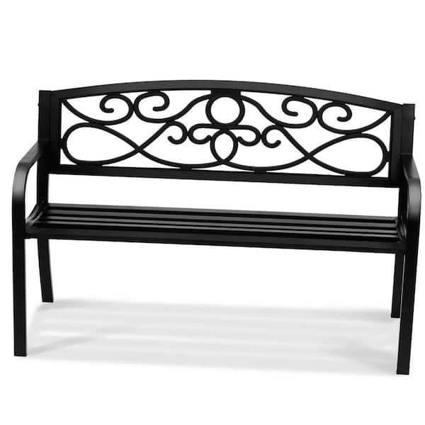 Outdoor Garden Park Bench, Steel with Backrest and Armrests, 50 in. Metal Garden Bench 550 lbs. Load Capacity Bench
