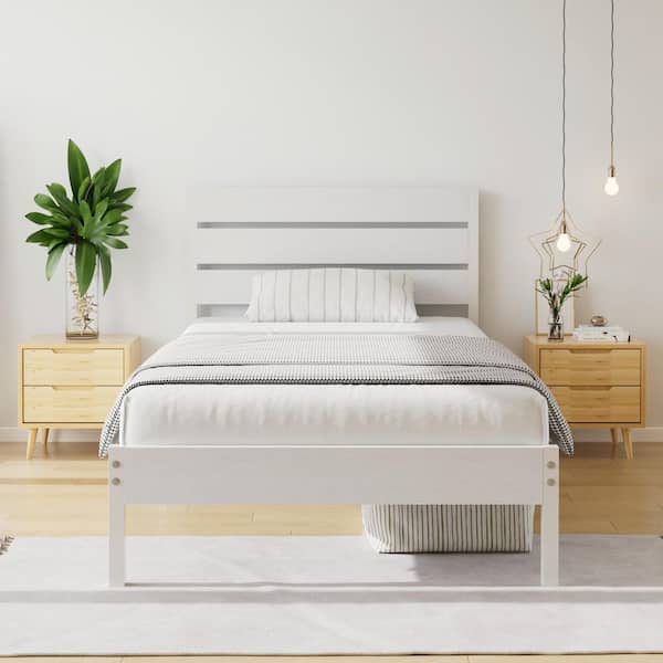 VECELO Twin Bed Frame with White Wood Headboard and Footboard, No Box Spring Needed, Strong Metal Slats Support Platform Bed
