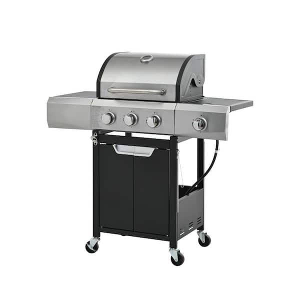 3-Burner Propane Grill, 40.5K BTU, Stainless Steel Gas Grill w/ 9K  BTU Side Burner, Suit for Outdoor BBQ