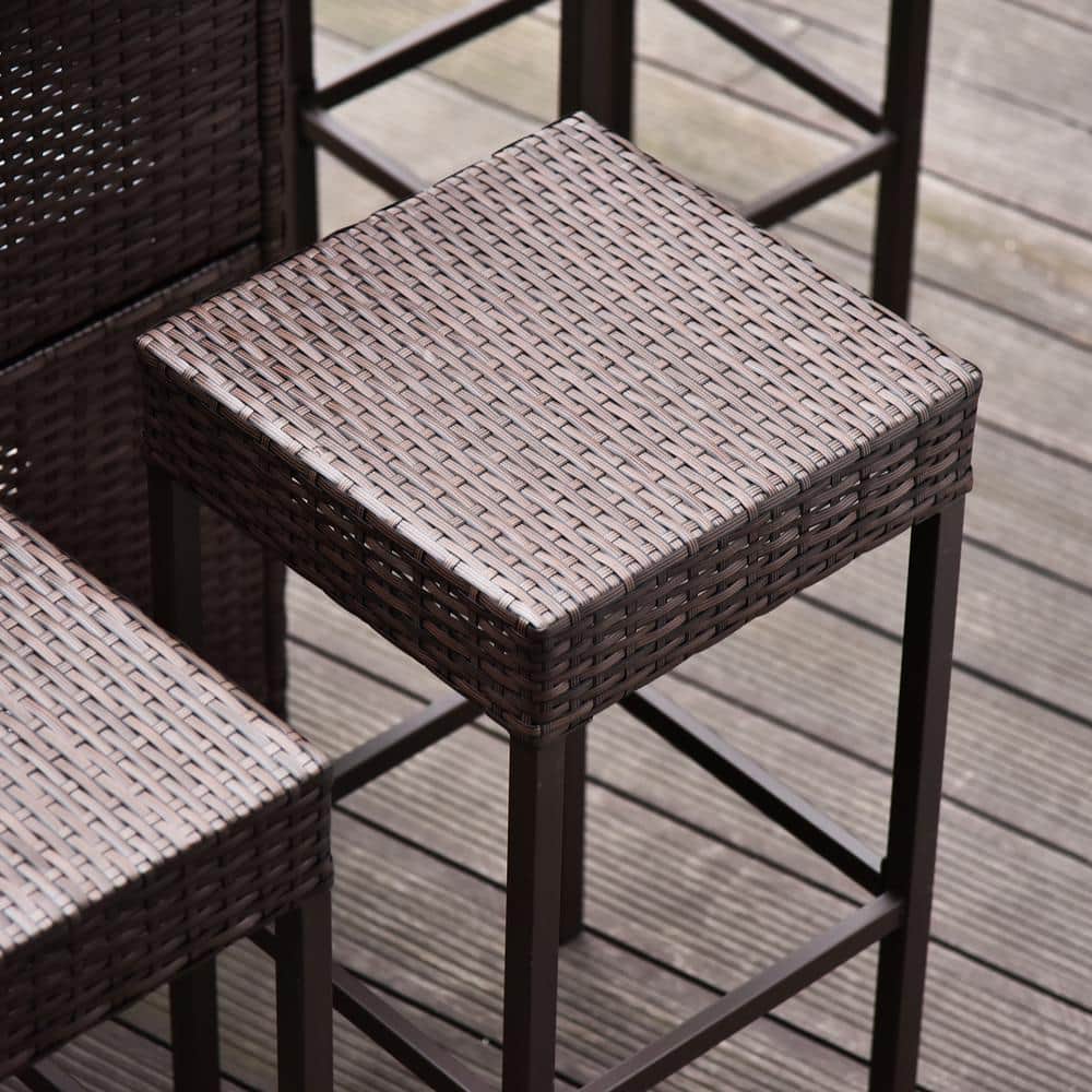 Brown Rattan Wicker Bar Set with Glass Top Table and 4 Stools