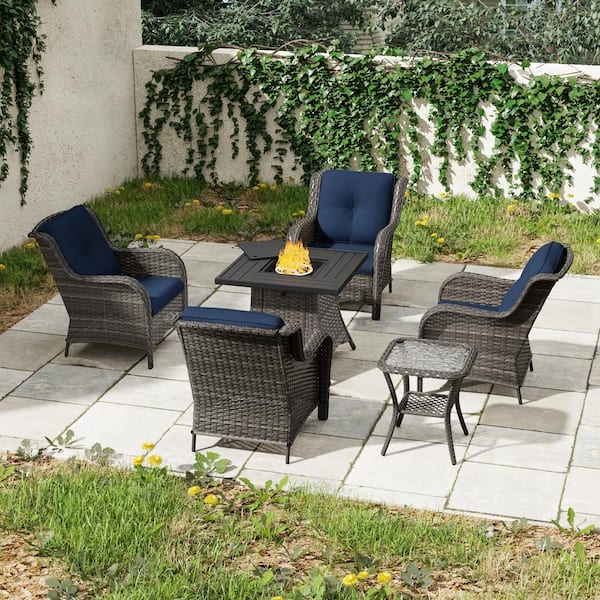 Gardenbee 6-Piece Patio Wicker Outdoor Lounge Chair Set with Blue Cushions, Rectangular Fire Pit Table and Side Table