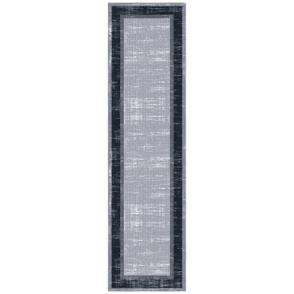 Ottohome Collection Gray/Navy 2 ft. 7 in. x 9 ft.10 in. Modern Bordered Design Nylon Area Rug