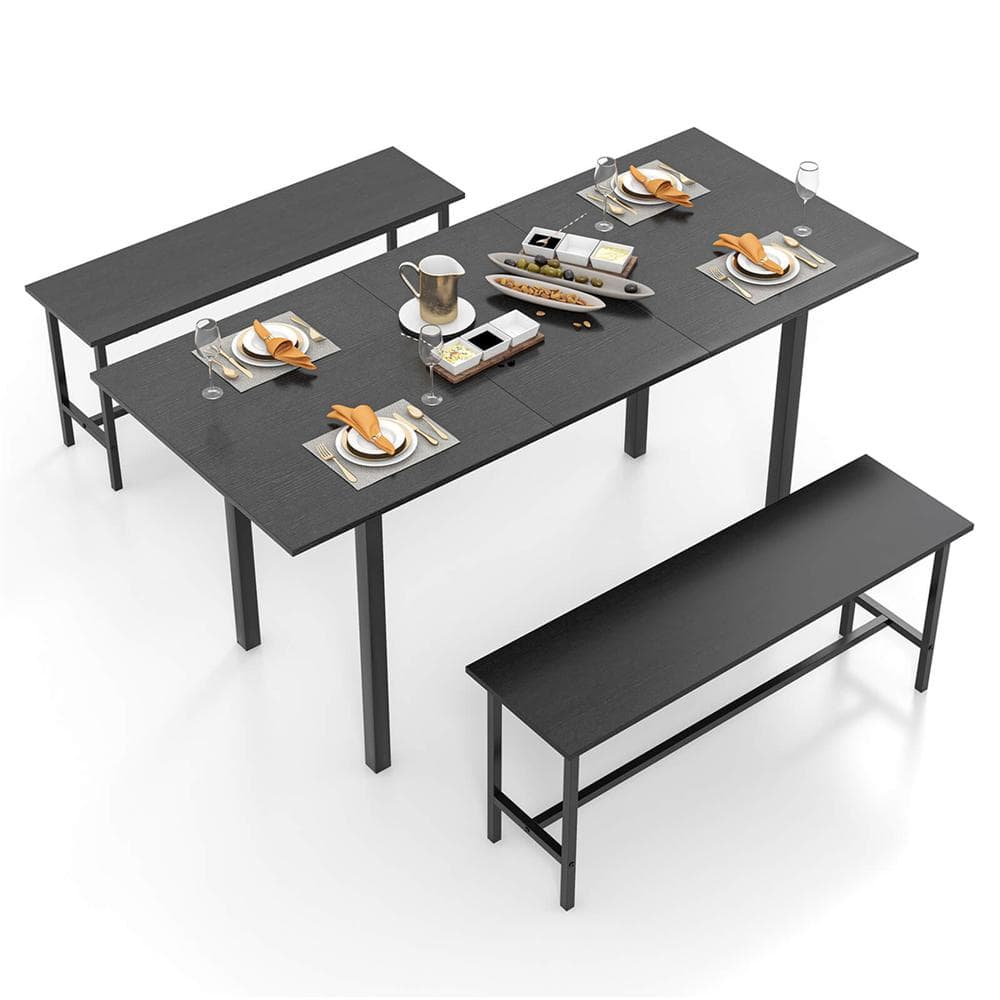 3-Piece Rectangle Black Wood Top Dining Room Set Seats 6
