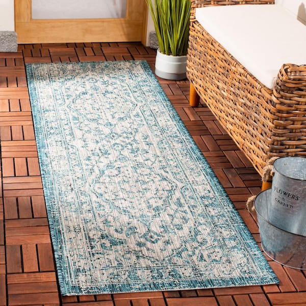 Courtyard Gray/Blue 2 ft. x 9 ft. Geometric Indoor/Outdoor Patio  Runner Rug