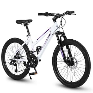 24 in. Mountain Bike for Teenagers Girls Women Shimano 21 Speed with Dual Disc Brakes and 100 mm Front Suspension, White