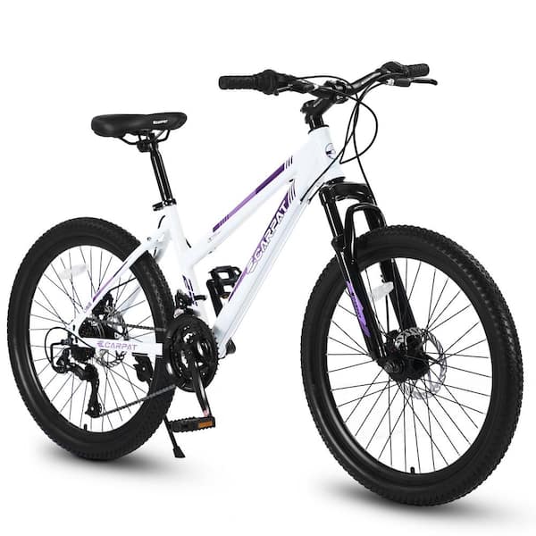 Unbranded 24 in. Mountain Bike for Teenagers Girls Women Shimano 21 Speed with Dual Disc Brakes and 100 mm Front Suspension, White