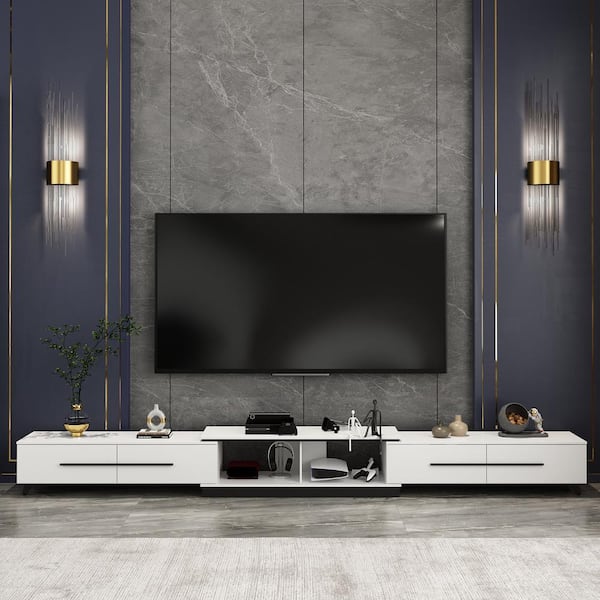 FUFU&GAGA Modern Wood White TV Media Console Entertainment Center with Adjustable Length and Drawers Fits TV's up to 100 in.