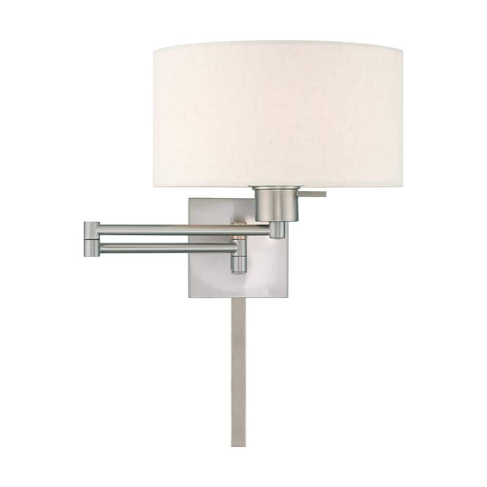 Elegant Brushed Nickel Swing Arm Wall Lamp with Oatmeal Fabric Shade