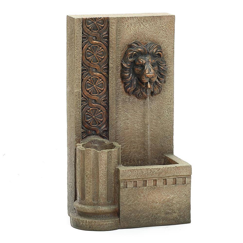 Sandstone Resin Lion Head Outdoor Water Fountain with Lights